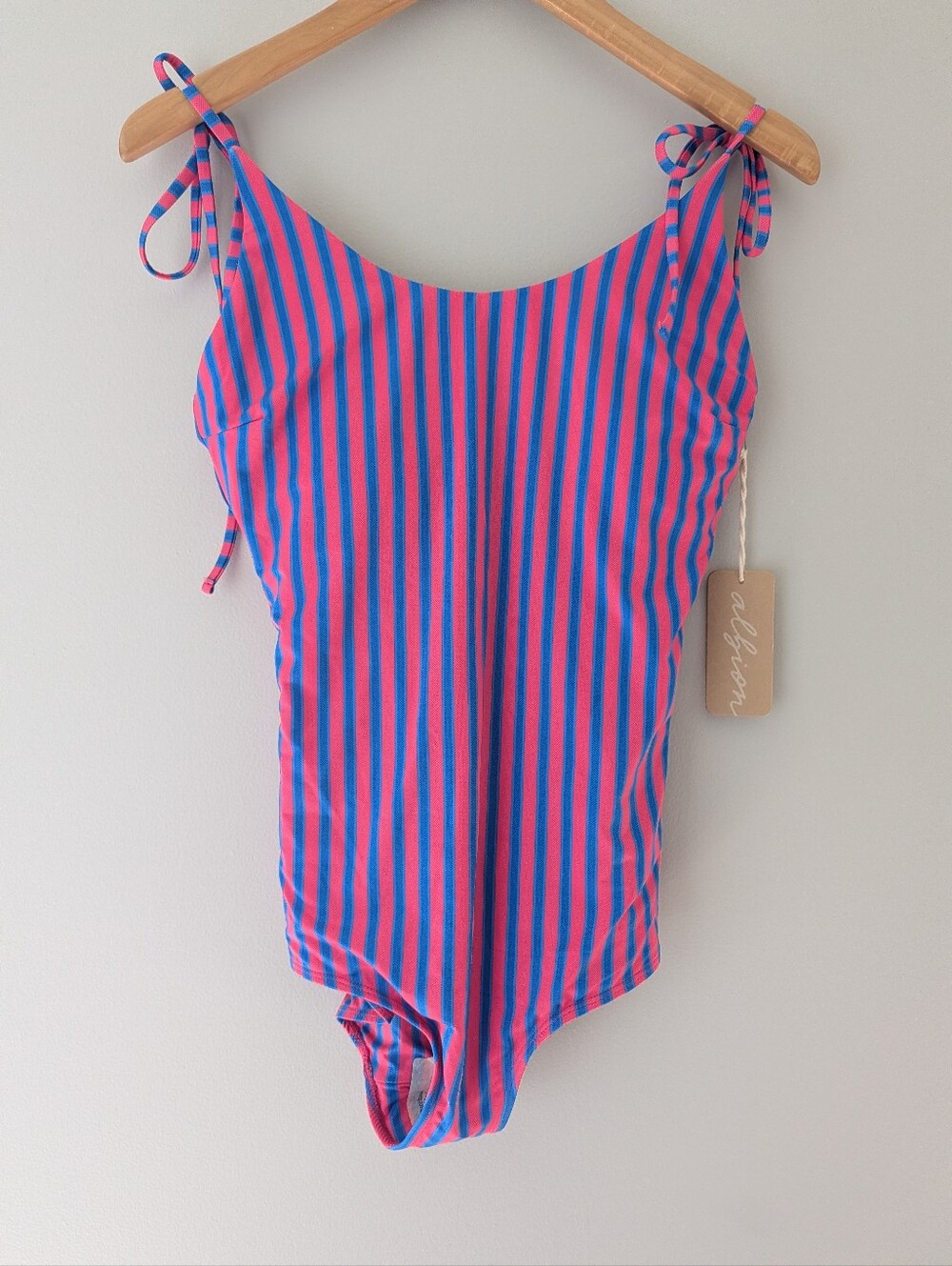 NWT Albion Fit Natalie One Piece Swimsuit L Berry Stripe Pink Blue $138